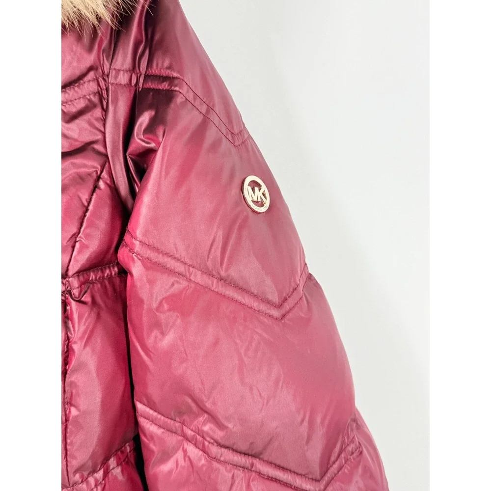 Michael Kors Jacket Womens sz M Quilted Puffer Faux Fur Hood Burgundy Red